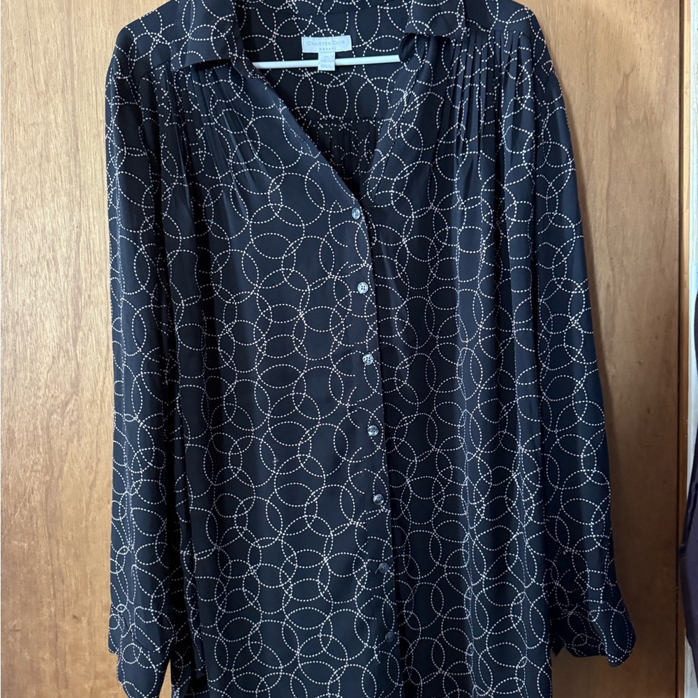 Charter Club Black Button Down Shirt with White Circular Pattern